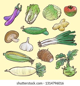 Watercolor style collection of vegetables  in Asia.