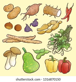 Watercolor style collection of vegetables  in Asia.