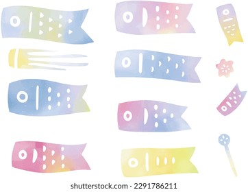 Watercolor style cute hand drawn carp streamer material set