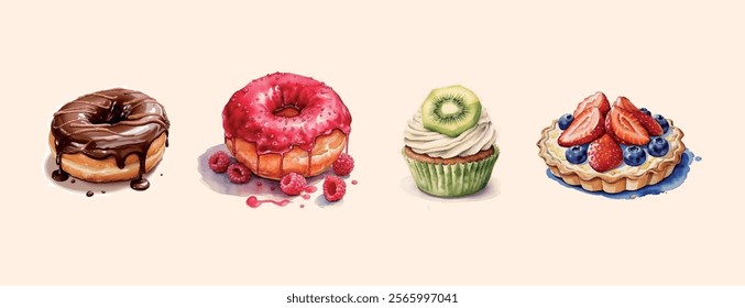 Watercolor style dessert set. Vector illustration