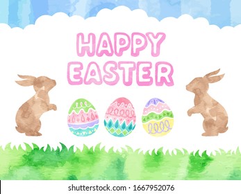 Watercolor style easter illustration set (rabbits silhouette, Easter eggs, meadow, blue sky)