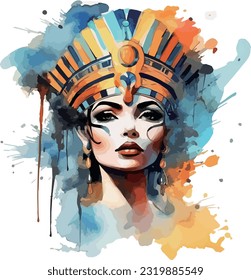 watercolor style Egyptian queen.This captivating piece features bold, mesmerizing eyes and a mesmerizing color palette. Perfect for art collectors and lovers of exotic beauty. 