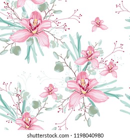 Watercolor style eucalyptus and pink orchid flowers seamless pattern, silver dollar eucalyptus tree foliage, branch, greenery. Decorative background in vintage style for wedding invite, fabric.
