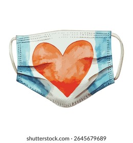 A watercolor style face mask with a large orange heart in the center. The mask has blue accents and white ear loops.