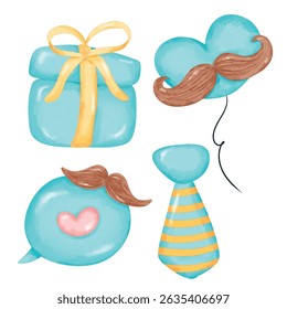 Watercolor style Father's Day graphic resource featuring gifts, mustache balloons, love balloons and ties