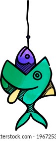 Watercolor style fish eating bait icon