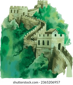 Watercolor style flat drawing of the Chinese historical landmark monument of the GREAT WALL OF CHINA, BEIJING