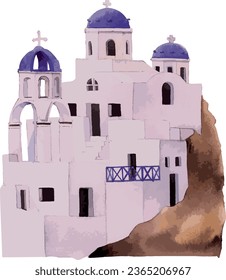 Watercolor style flat drawing of the Greek historical landmark monument of the SANTORINI CYCLADIC HOUSES, GREECE