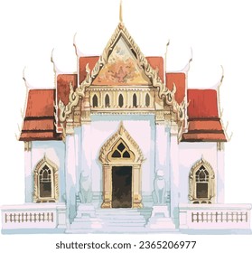 Watercolor style flat drawing of the Thai historical landmark monument of the WAT BENCHAMABOPHIT DUSITVANARAM, BANGKOK