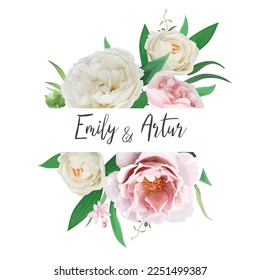 Watercolor style floral frame, border. Editable wedding invite, save the date, love postcard, greeting card. Pink peony, cream rose flowers, green garden leaves bouquet. Vector hand drawn Illustration