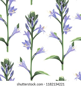 Watercolor style floral pattern, delicate flower wallpaper,  violet bells. Delicate feminine pattern on the white background.