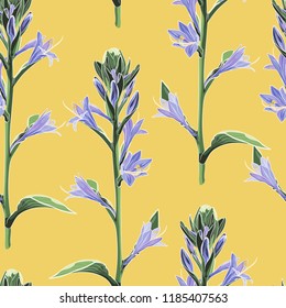 Watercolor style floral pattern, delicate flower wallpaper,  violet bells. Delicate feminine pattern on the yellow background.