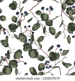 Watercolor style floral seamless pattern with eucalyptus. Hand painted pattern with branches and leaves of silver dollar and blue berries, isolated on white background. For design or background.