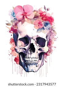 watercolor style floral skull, vector illustration