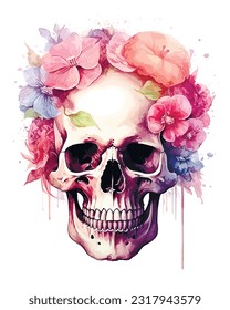 watercolor style floral skull, vector illustration