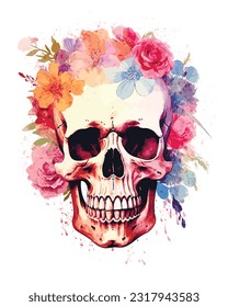 watercolor style floral skull, vector illustration