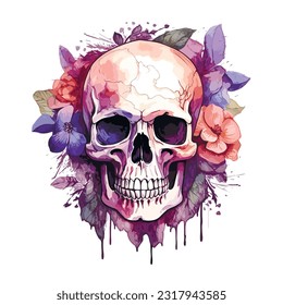 watercolor style floral skull, vector illustration