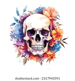 watercolor style floral skull, vector illustration