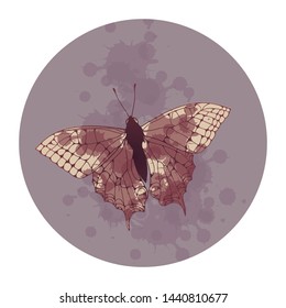 watercolor style flying butterfly with ink splatters in a circle frame in retro purple shades