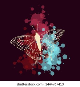watercolor style flying butterfly with ink splatters in dark brown blue shades