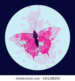 watercolor style flying butterfly with ink splatters in a circle frame in blue pink shades