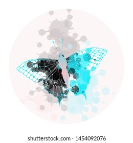 watercolor style flying butterfly with ink splatters in a circle frame in pale blue pink shades