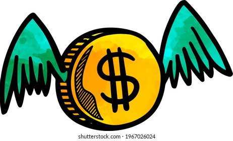 Watercolor style flying coin icon hand drawn