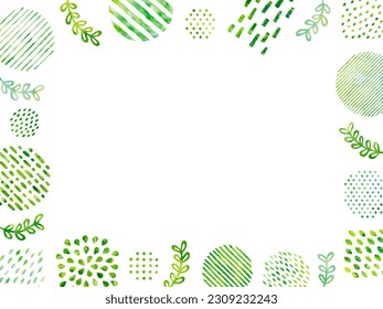 Ilustración del marco de color de agua de plantas y círculos verdes con diversos patrones abstractos