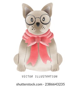 Watercolor Style French Bulldog Wearing Christmas Hat - Festive Hand-Drawn Illustration