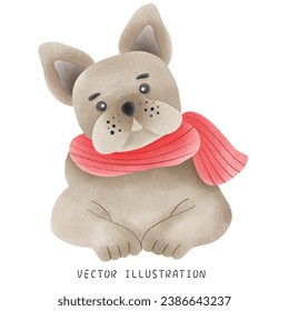 Watercolor Style French Bulldog Wearing Christmas Hat - Festive Hand-Drawn Illustration