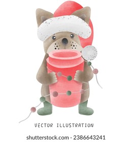 Watercolor Style French Bulldog Wearing Christmas Hat - Festive Hand-Drawn Illustration