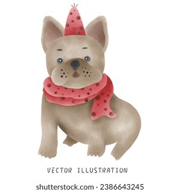 Watercolor Style French Bulldog Wearing Christmas Hat - Festive Hand-Drawn Illustration