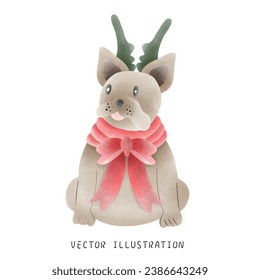 Watercolor Style French Bulldog Wearing Christmas Hat - Festive Hand-Drawn Illustration