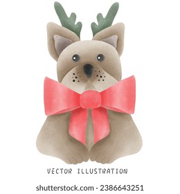 Watercolor Style French Bulldog Wearing Christmas Hat - Festive Hand-Drawn Illustration