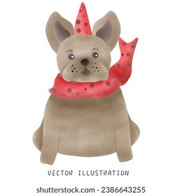 Watercolor Style French Bulldog Wearing Christmas Hat - Festive Hand-Drawn Illustration