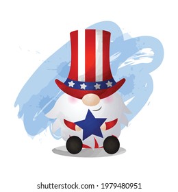 Watercolor style gnome illustration wearing American costume. 4th July celebration day. Vector design