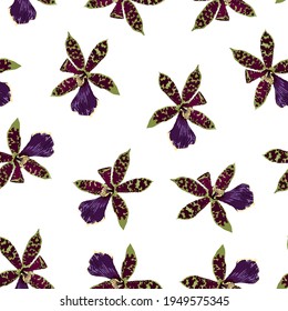 Watercolor style green Cambria orchid flowers seamless pattern. Decorative background in rustic boho style for wedding invite, fabric. White background.