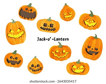 Watercolor Style Halloween Pumpkin Jack-o'-Lantern Illustration Set
