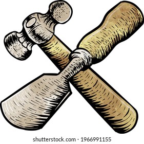 Watercolor style hammer and chisel icon woodworking tool svg