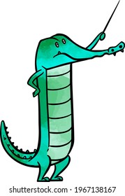 Watercolor style hand drawn crocodile holding stick