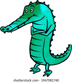 Watercolor style hand drawn depressed alligator cartoon character