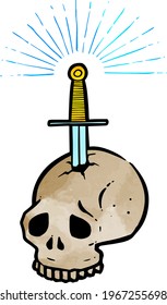Watercolor style hand drawn stabbed skull by a sword