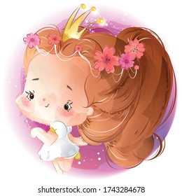 Watercolor style hand painting A bright girl with a crown princess