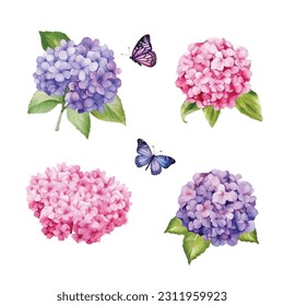 Watercolor style hydrangea flowers set. Glacier blue, violet lilac, purple colored. Vector illustration for simple, natural spring floral wedding design. All elements are isolated and editable.