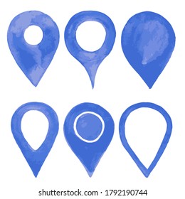 Watercolor style illustration of blue ink color location pin set for maps