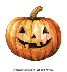 A watercolor style illustration of a carved pumpkin with triangular eyes, a smiling mouth, and a missing tooth, topped with a thick, textured stem.