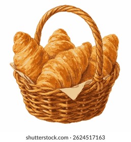 Watercolor style illustration of croissants in a wicker rattan basket, isolated on white background
