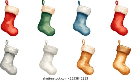 A watercolor style illustration displays eight charming Christmas stockings, arranged in two neat rows. Each stocking showcases a unique color and design, adding a festive touch.