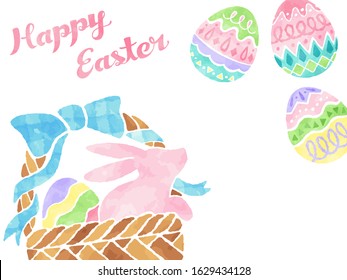Watercolor style illustration of Easter (Easter eggs, basket, Easter bunny)