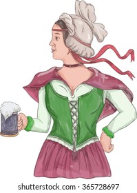 Watercolor style illustration of a German barmaid wearing medieval renaissance costume dress holding a beer mug viewed from side set on isolated white background. 